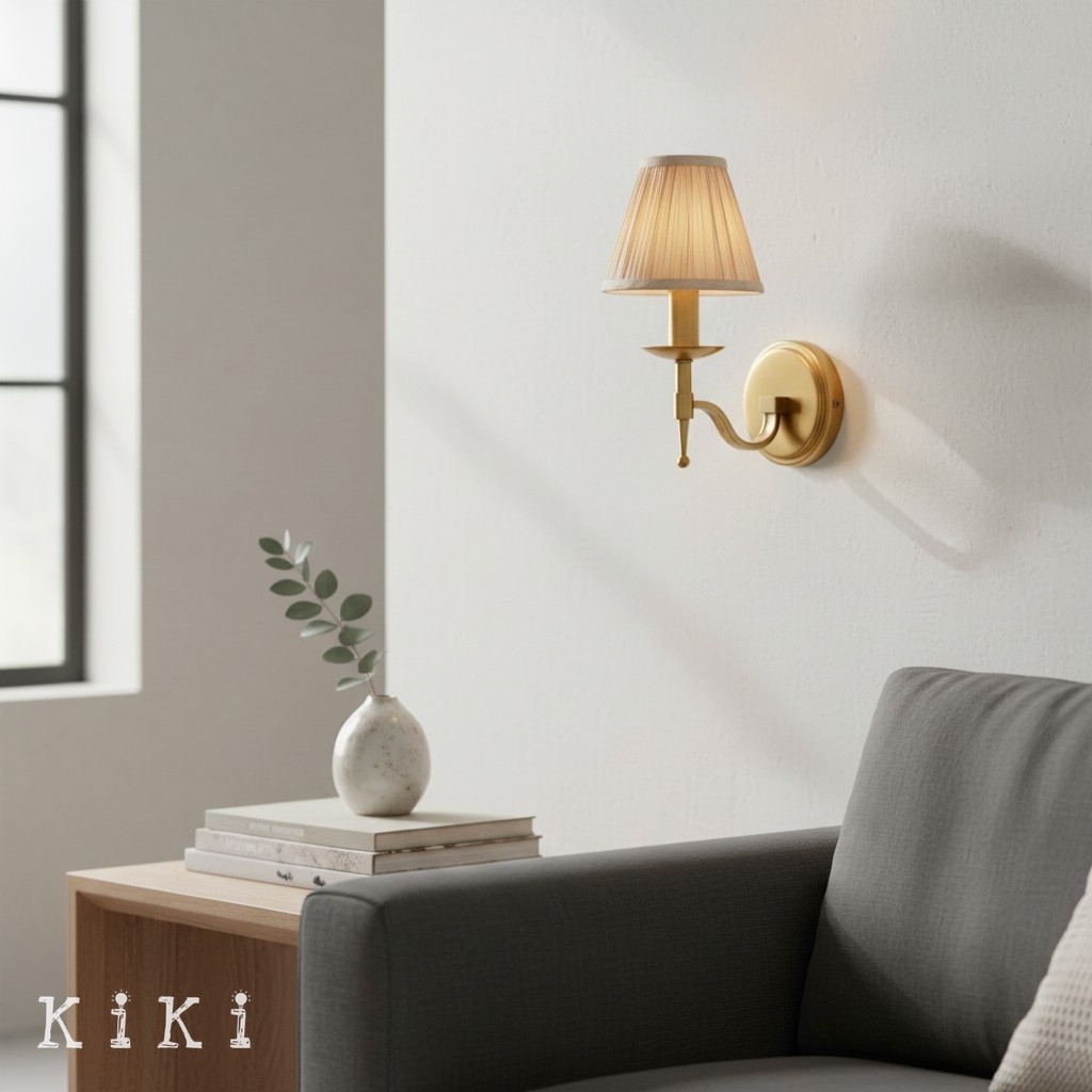 Tela Classic Curved Arm Brass Wall Sconce - Traditional Linen Sconce for Living Room or Hallway K1803