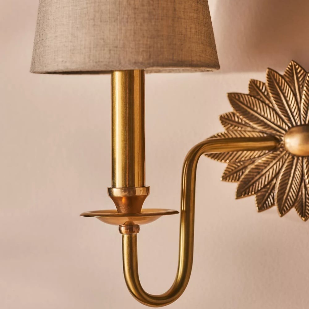 Duova Double Sconce - Antique Brass Metal and Linen Shades for Bedroom or Study K1663