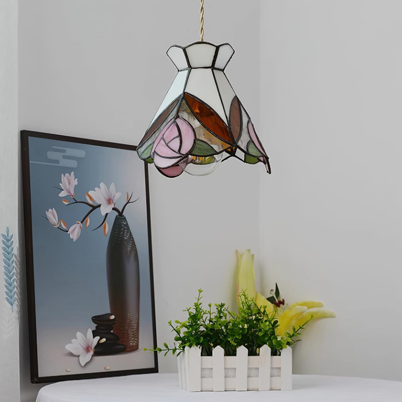 French Retro Rose Stained Glass Pendant Lamp K701