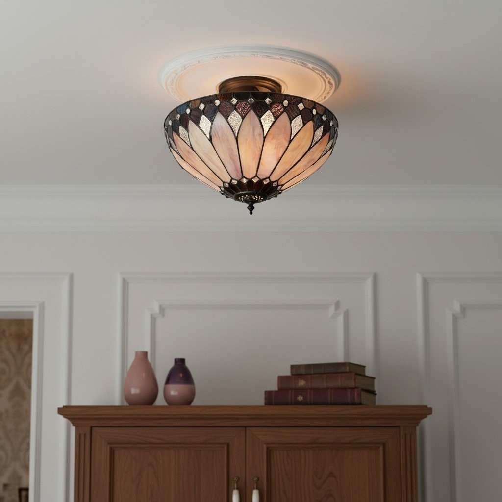 TF Brooklyn Tiffany Semi-flush Ceiling Light - Geometric Glass Shade for Hallways or Living Rooms K2016