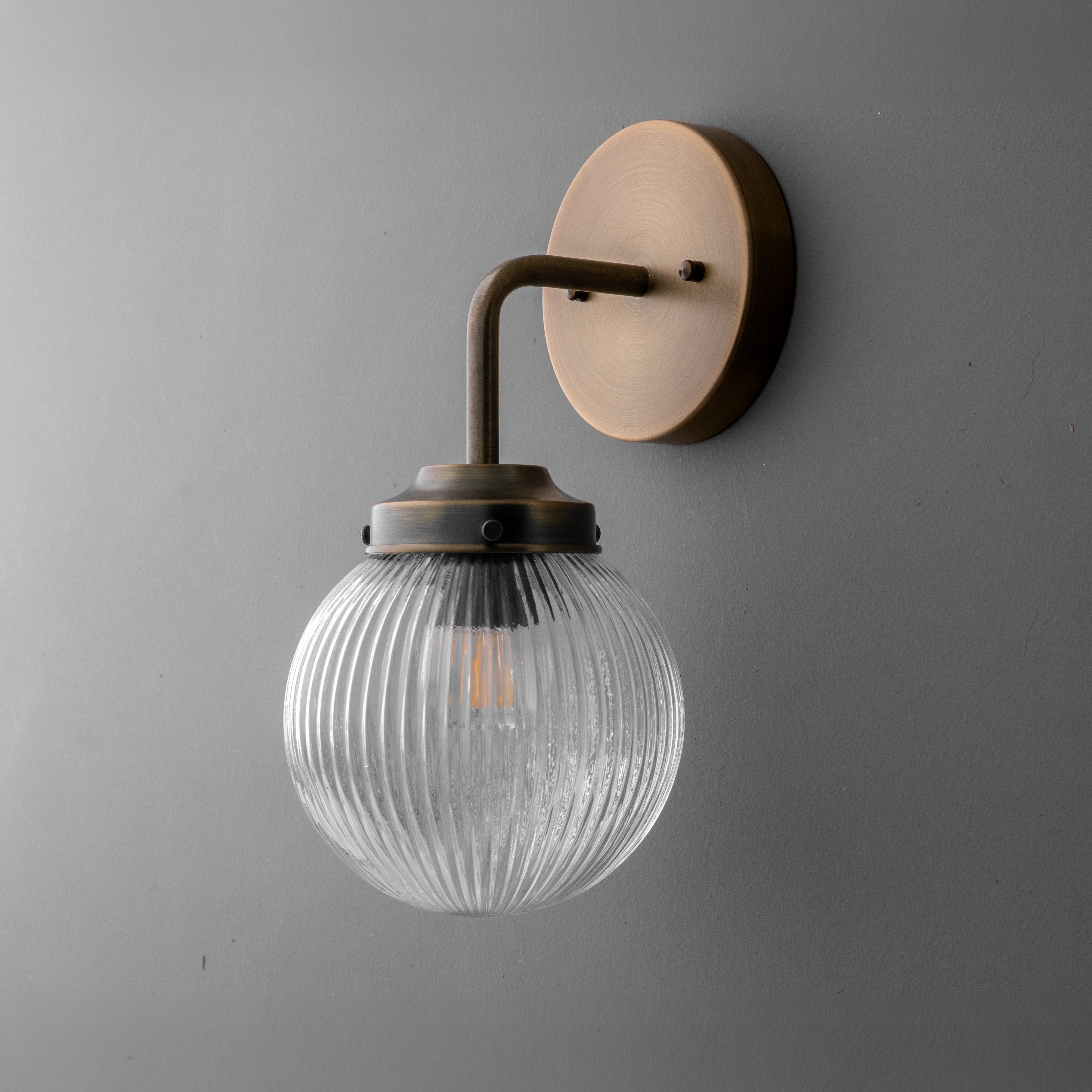 Glorica Glass Aged Brass Wall Sconce - Ribbed Glass Shade Industrial Style Lighting K1539