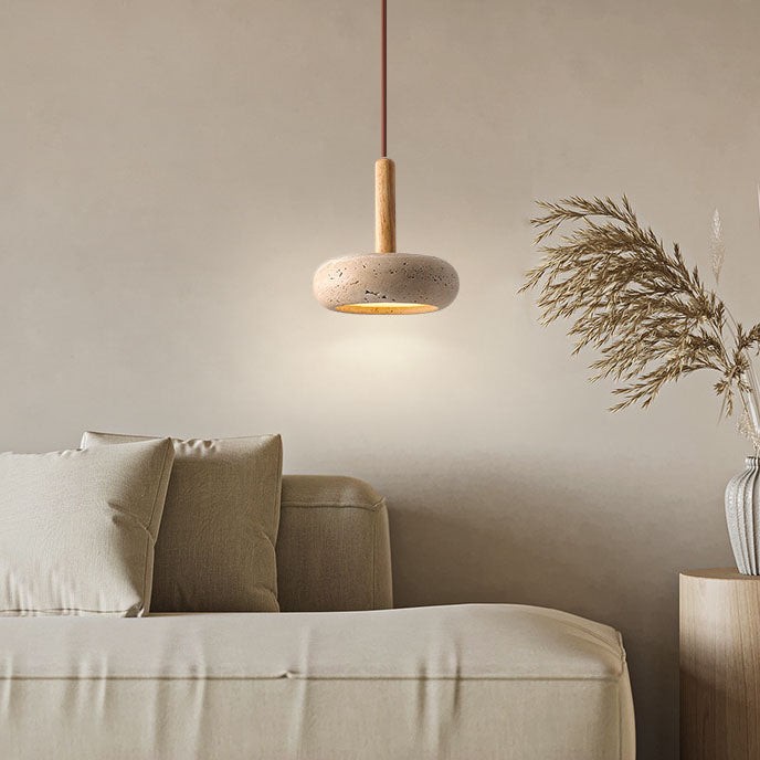 Traditional Japanese Round Wood Travertine Pendant Light K882