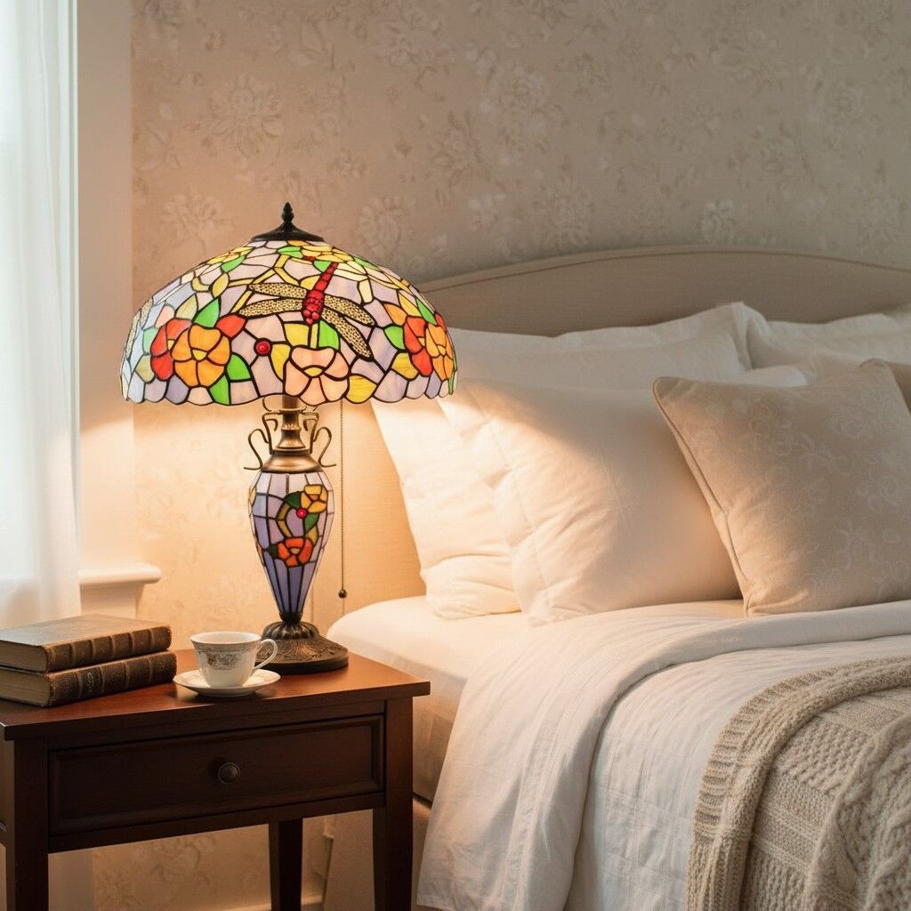 TF Keswick Dragonfly Tiffany Table Lamp - Handcrafted Stained Glass Table Lamp K1906