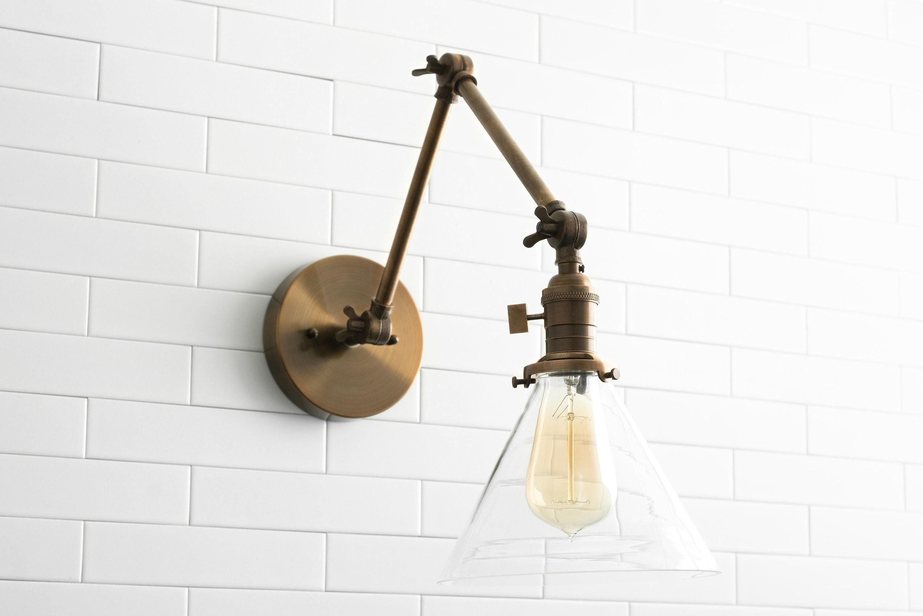 Conique Metal Industrial Wall Sconce with Adjustable Arm - Vintage Glass Cone Shade K1469