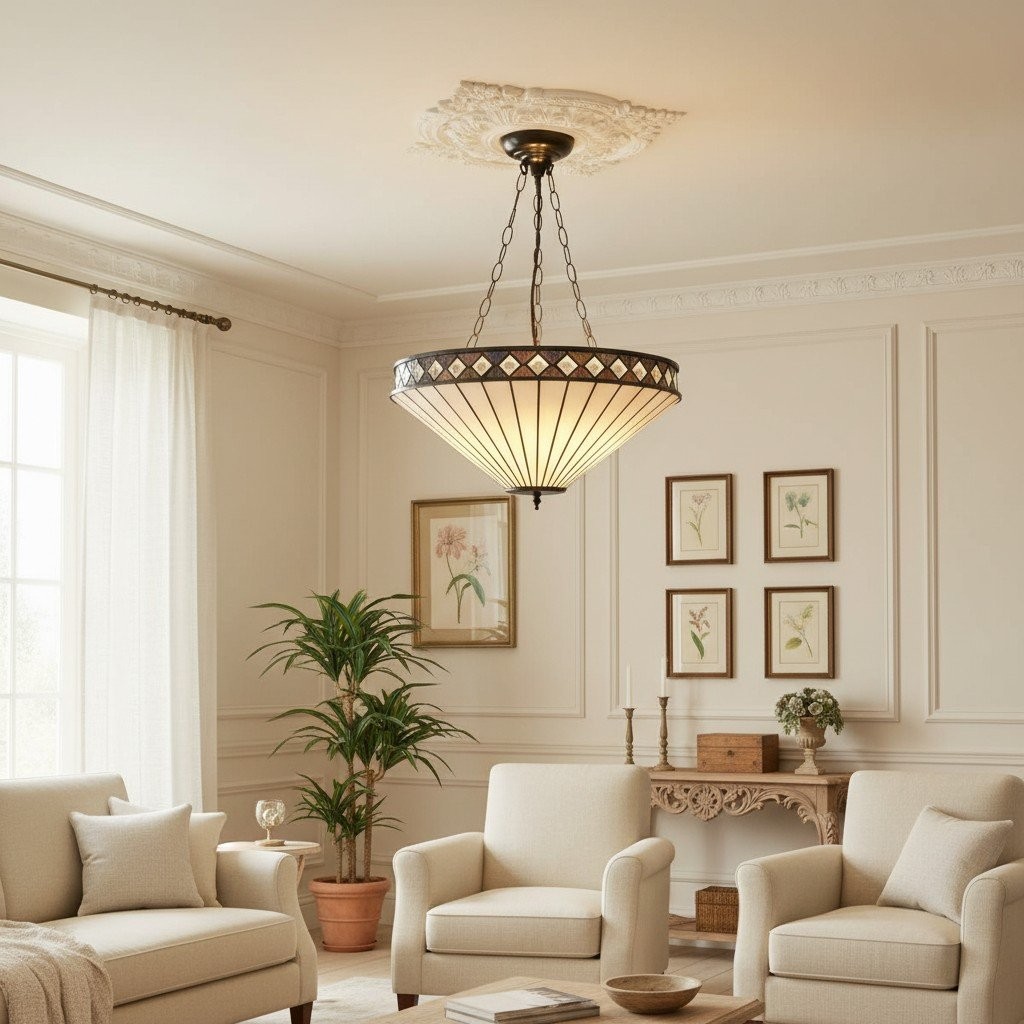 TF Fargo Adjustable Pendant Light with Stained Glass Inspired Inverted Shade for Island and Dining K1950