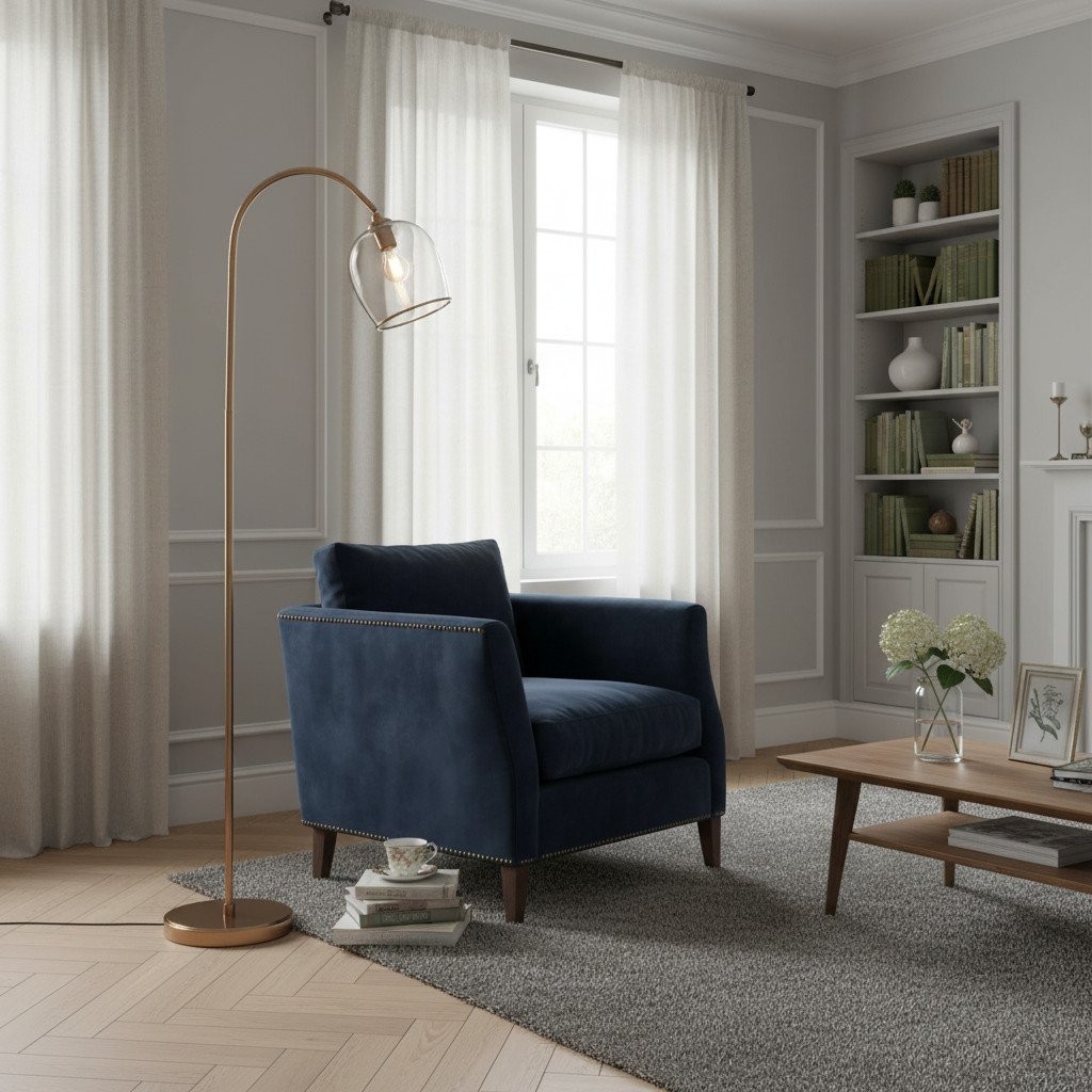 Brazara Adjustable Glass Shade Floor Lamp - Curved Metal Stem for Living Spaces K1864