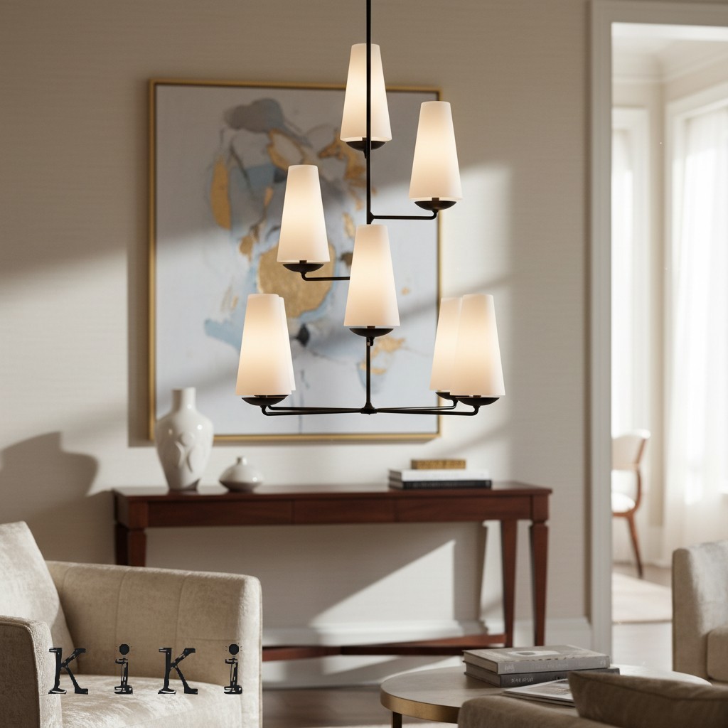VertiFount Vertical Cascading Chandelier - Multi-Level Linen Shades For Stairwells & Vaulted Ceilings K1199