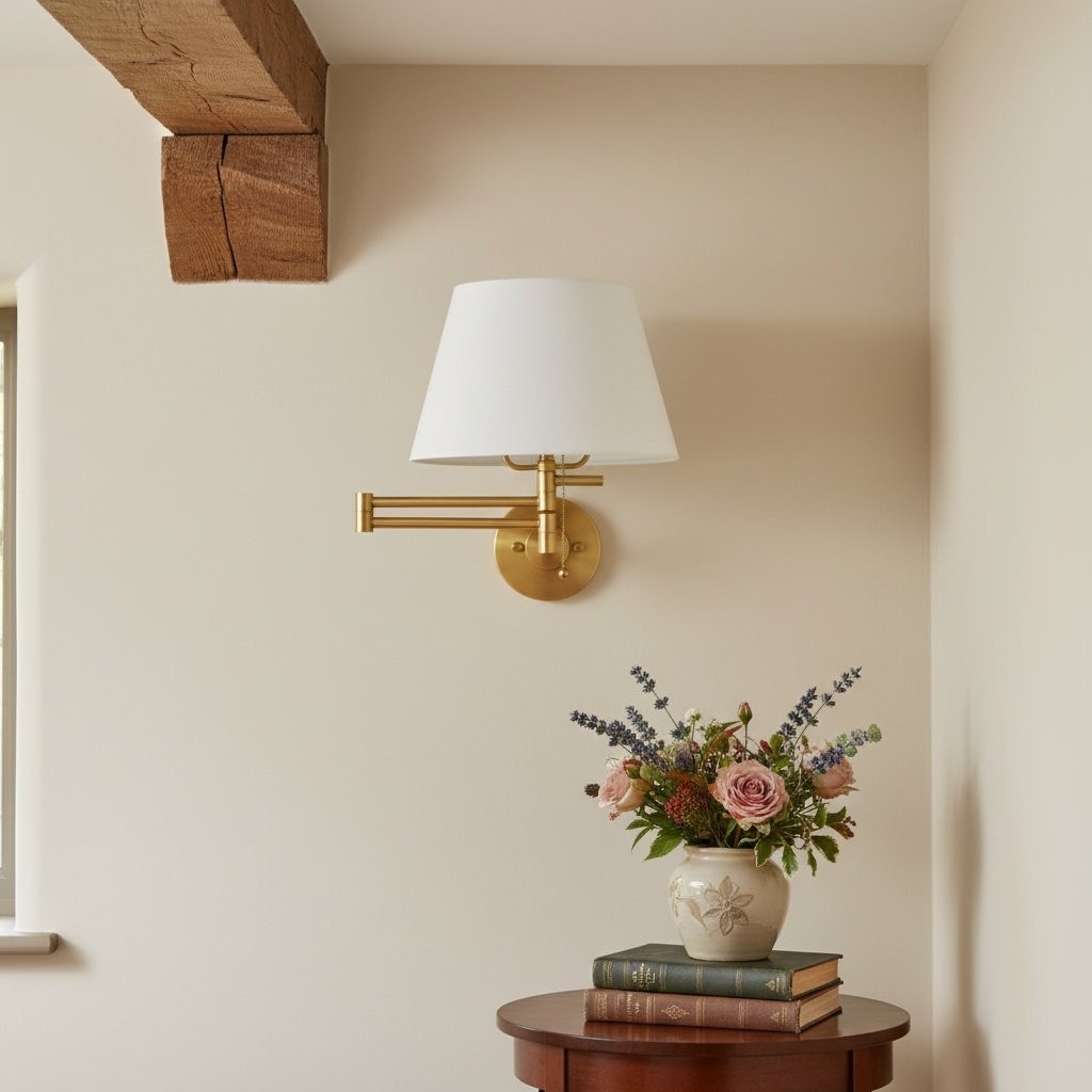 Ornato Luxe Brass Schoolhouse Sconce - Art Deco Wall Light with White Fabric Shade K1523