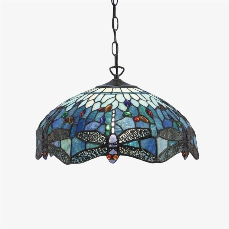 TF Dragonfly Tiffany Pendant Light - Art Nouveau Stained Glass Pendant for Living K1816