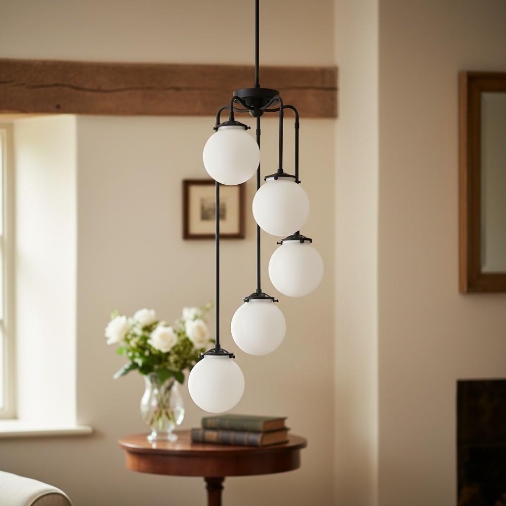 Glorica Glass 5 Globe Chandelier - Brass and Opal Glass Vintage Pendant Light K1455