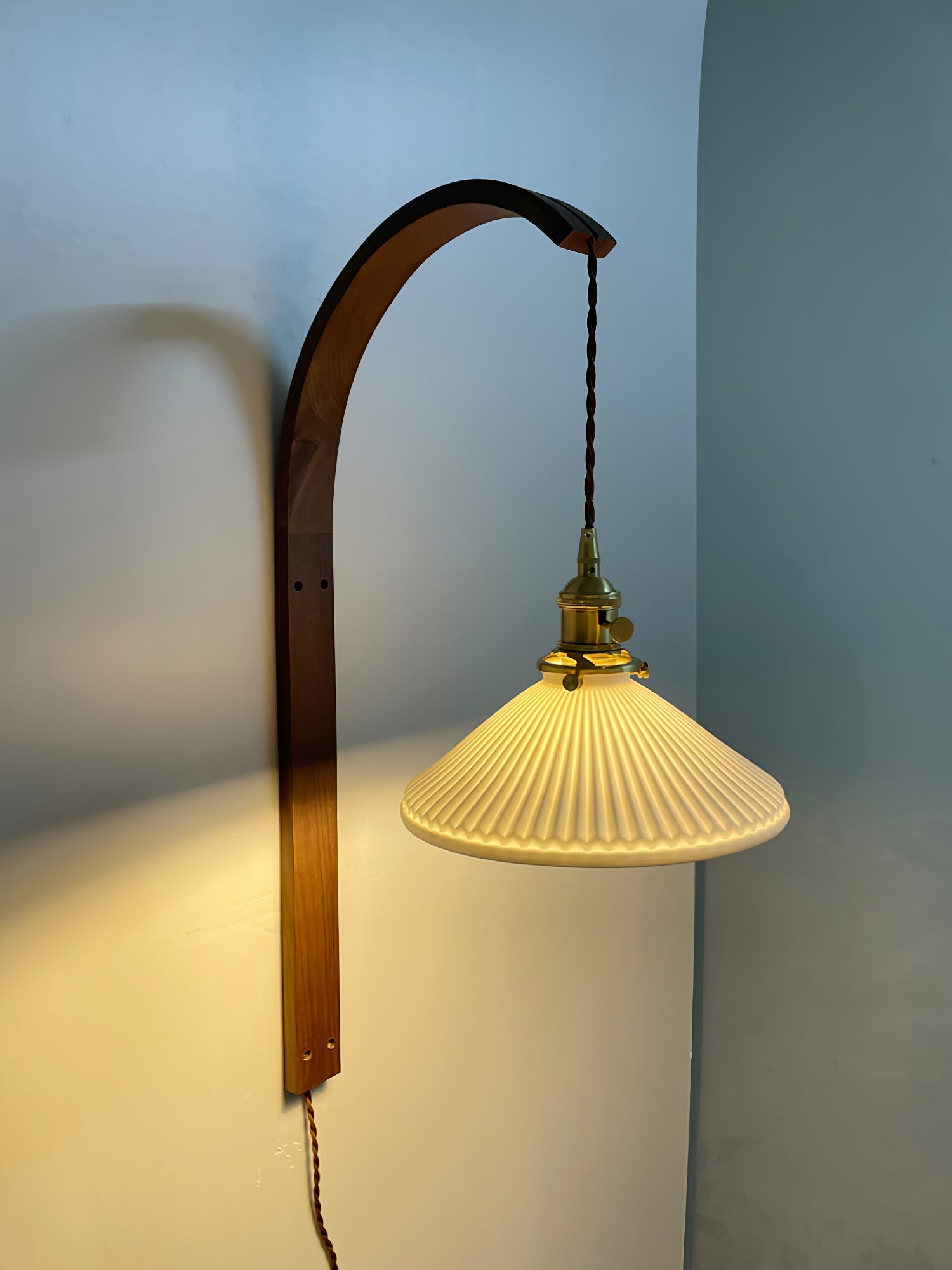 Curved Walnut Ceramic Plug-in Wall Light D498