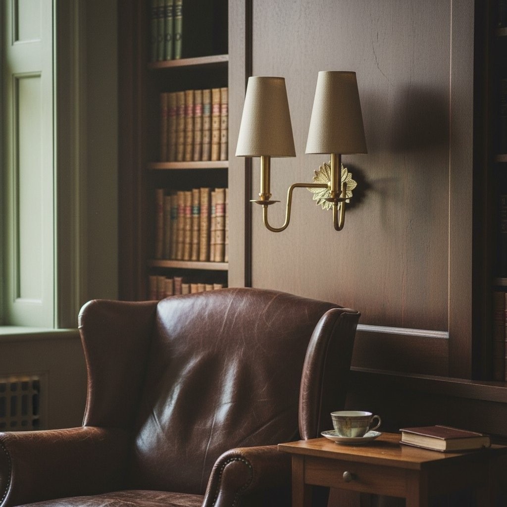 Duova Double Sconce - Antique Brass Metal and Linen Shades for Bedroom or Study K1663
