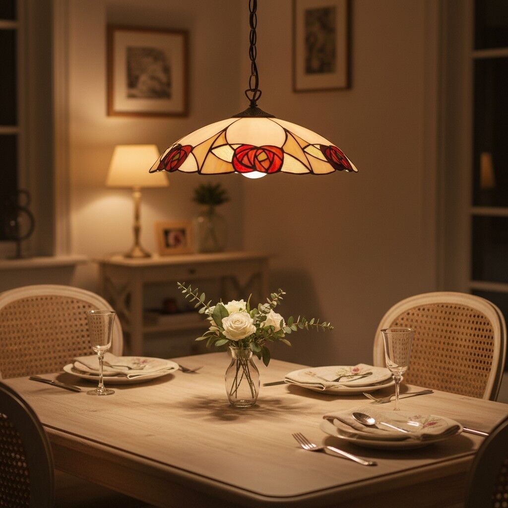 TF Ingram Tiffany Pendant Light - Vintage Handcrafted Stained Glass Floral Shade for Dining Room K2002