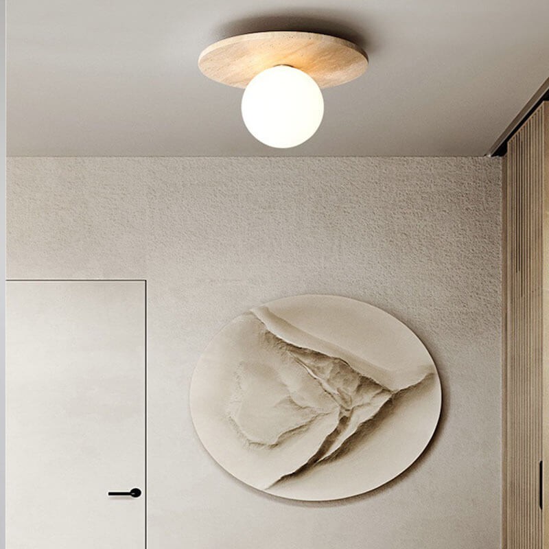 Japanese Minimalist Round Yellow Travertine Shade 1-Light Semi-Flush Mount Ceiling Light K844