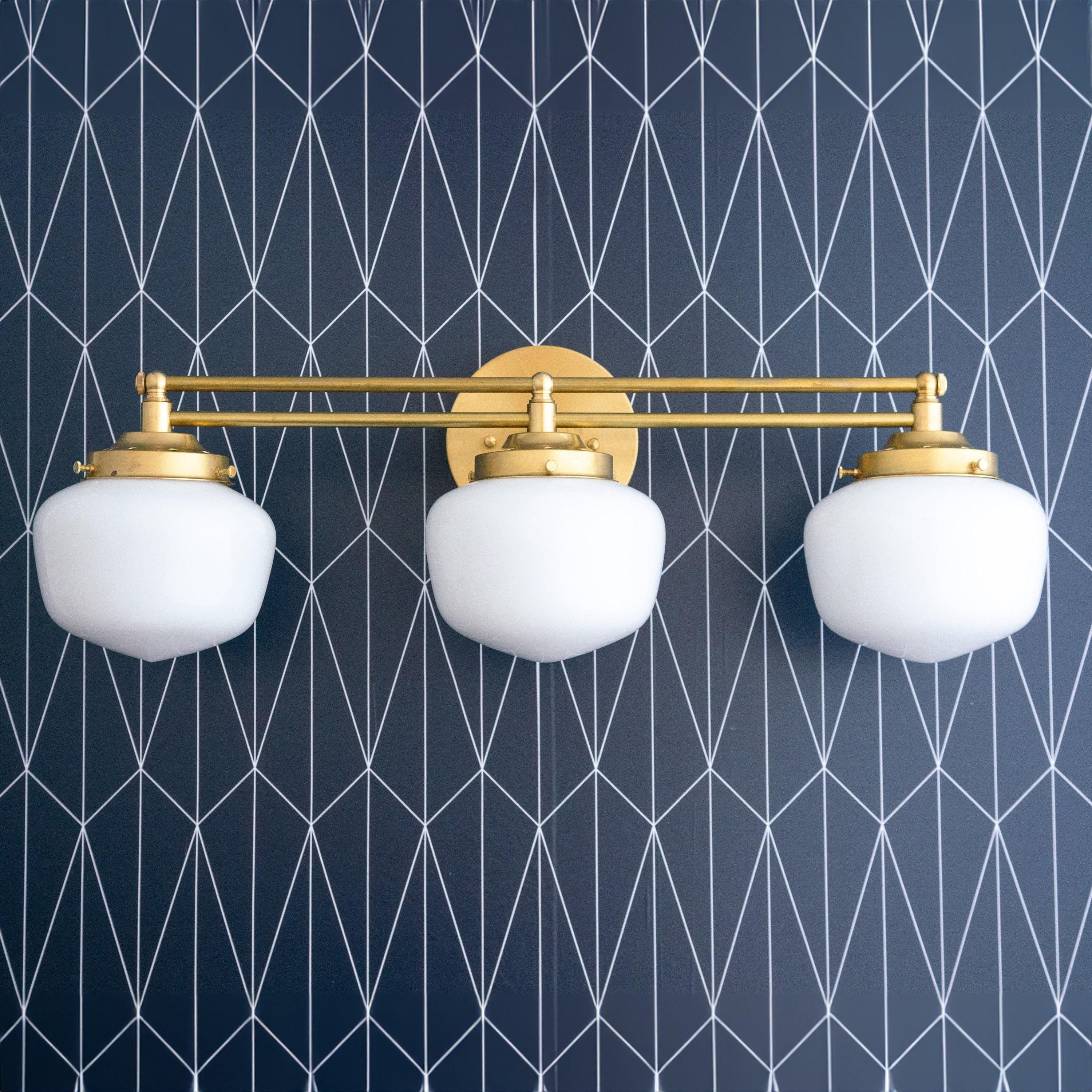 Opalume Glass Art Deco Vanity Light - Bathroom Wall Sconce with White Glass Shades K1431