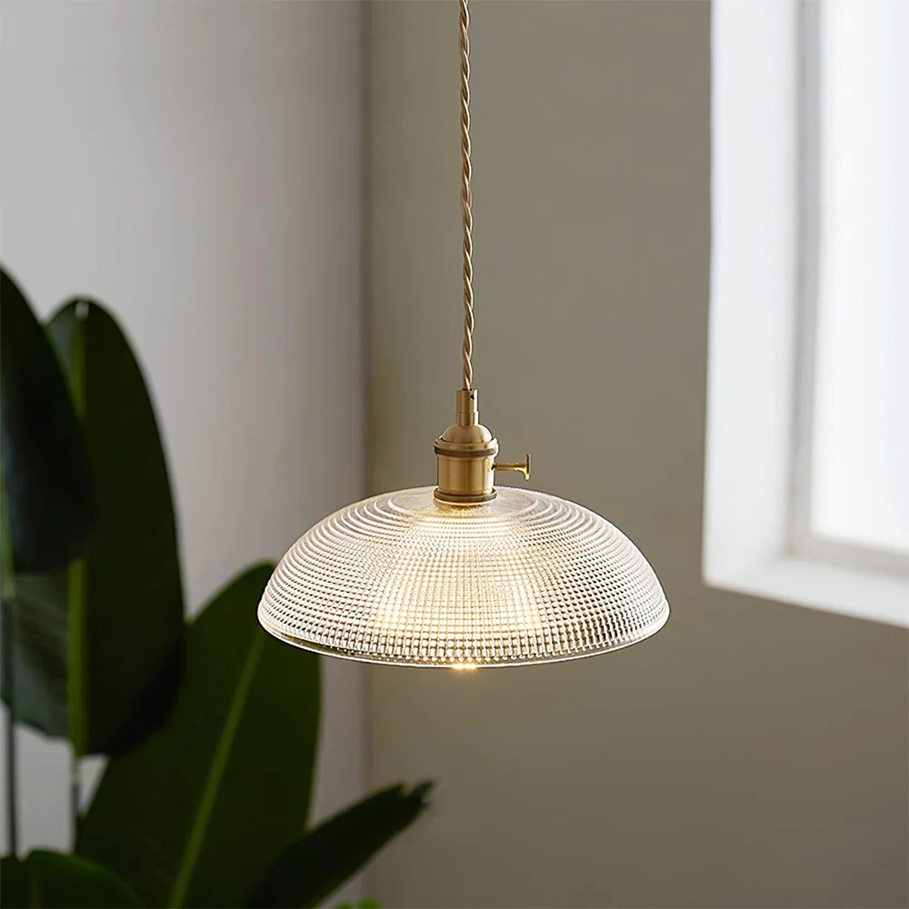 Retro Bowl Ribbed Brass Glass Pendant Light K94