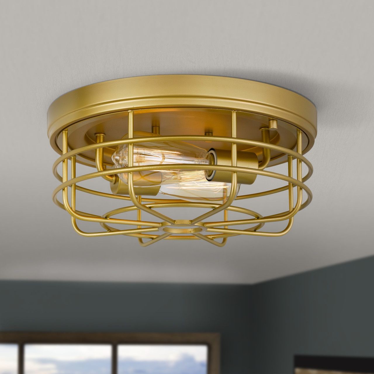 Industrial Flush Mount Metal Cage Round Ceiling Light K106