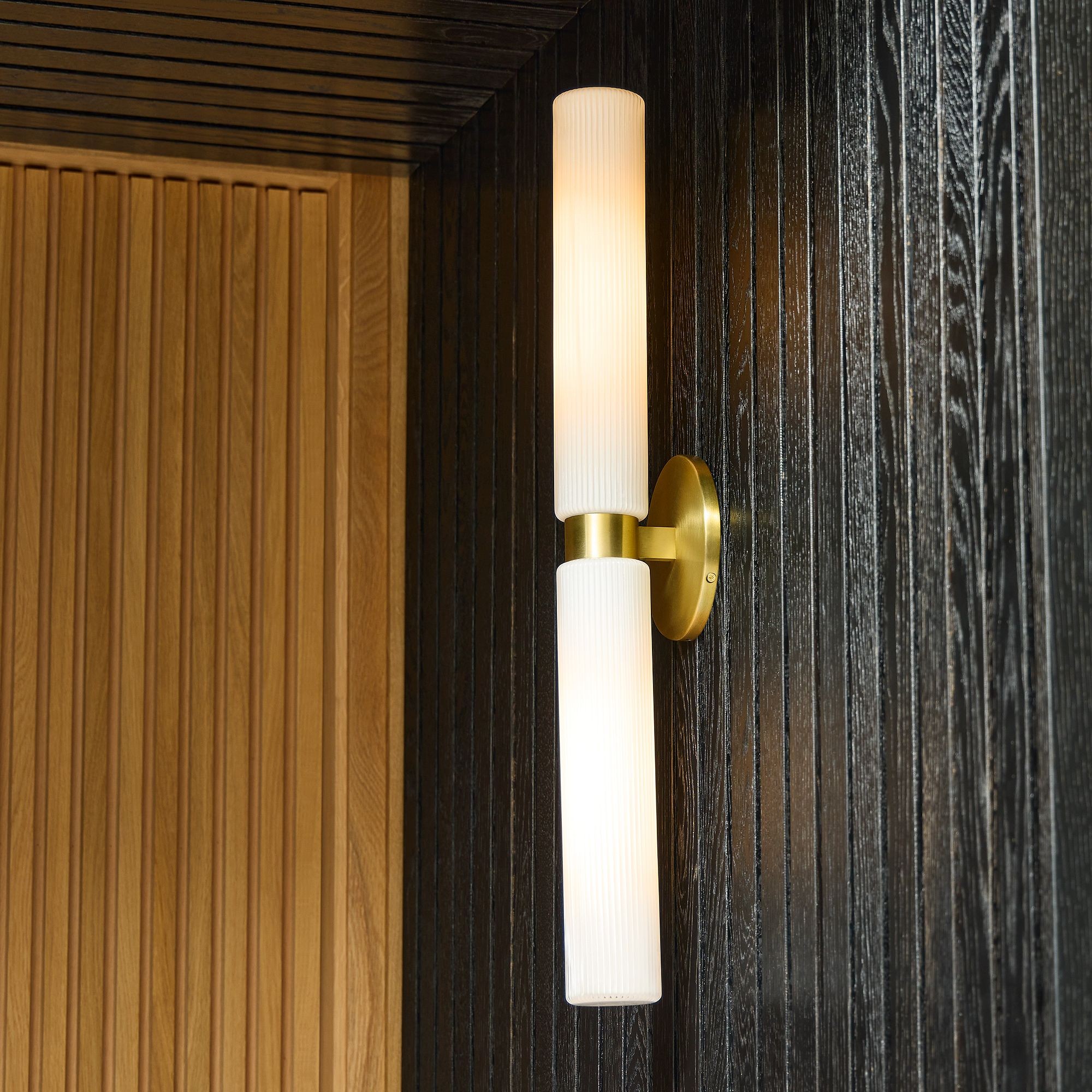 Rivora Modern Fluted Glass Wall Light - Double Short Indoor Outdoor Sconce K1374