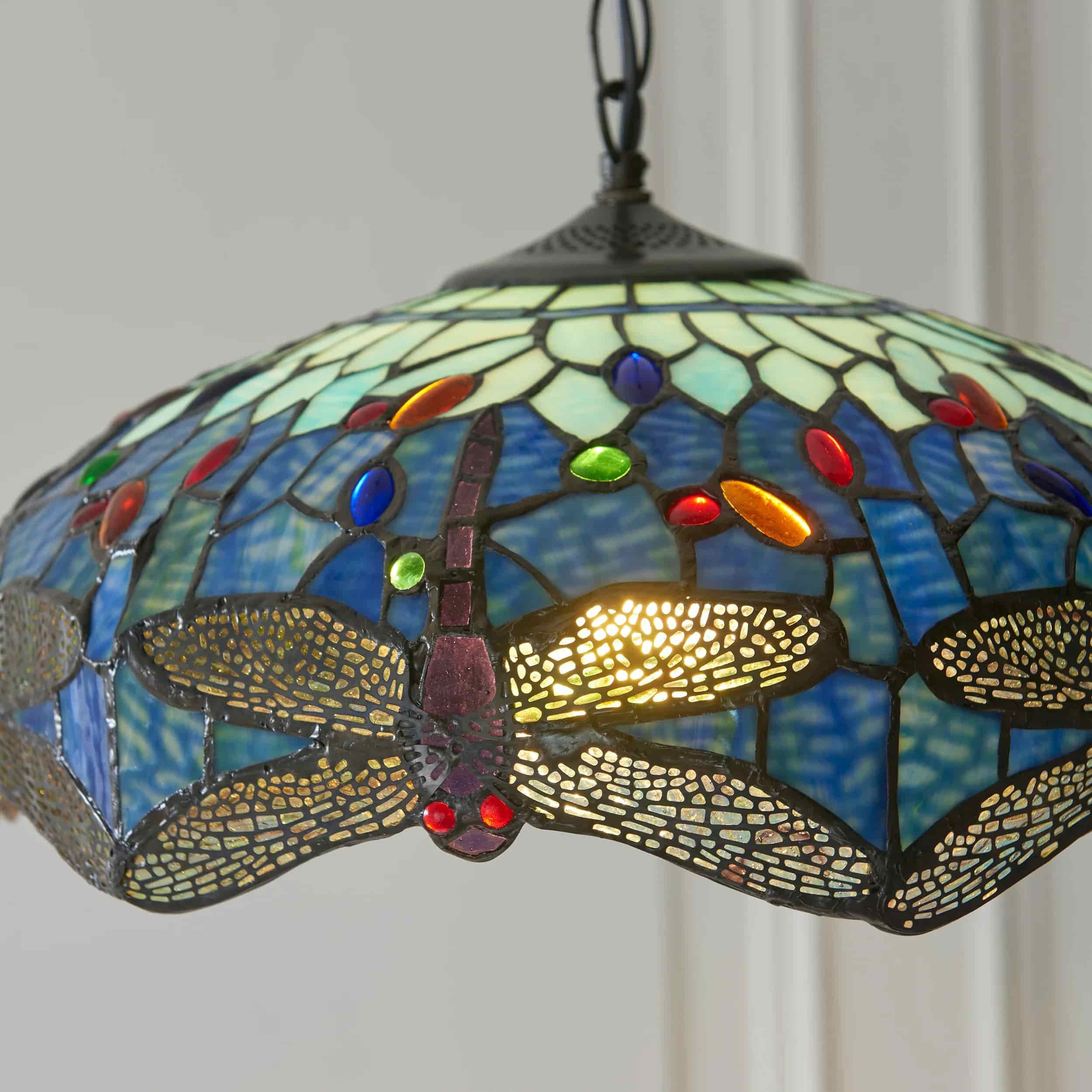TF Dragonfly Tiffany Pendant Light - Art Nouveau Stained Glass Pendant for Living K1816