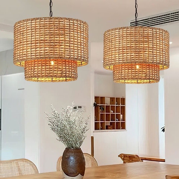 Natural Rattan Double Drum Pendant Light With Black Canopy K815