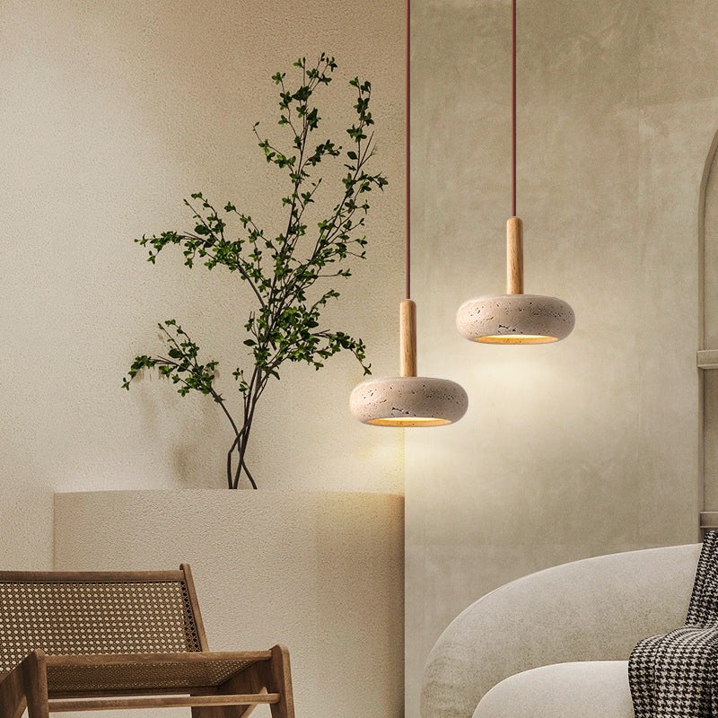 Traditional Japanese Round Wood Travertine Pendant Light K882