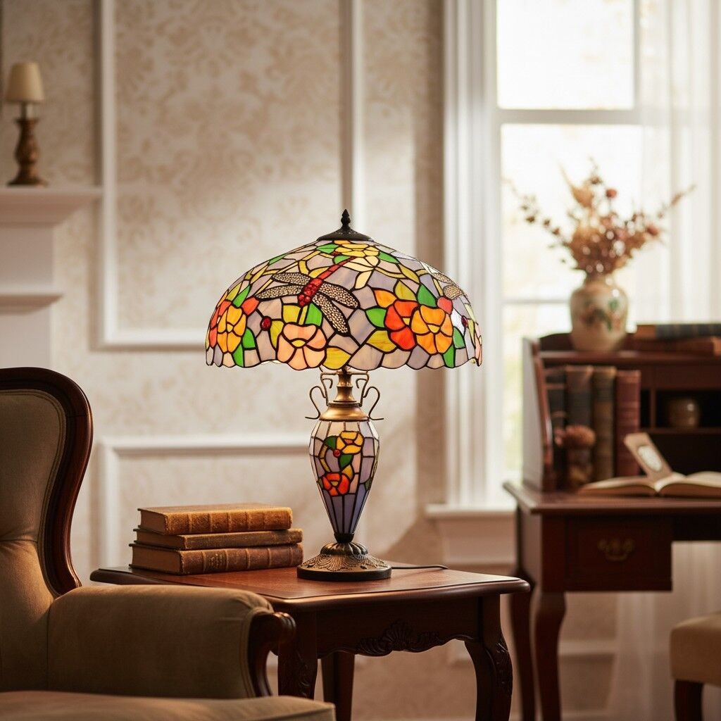 TF Keswick Dragonfly Tiffany Table Lamp - Handcrafted Stained Glass Table Lamp K1906