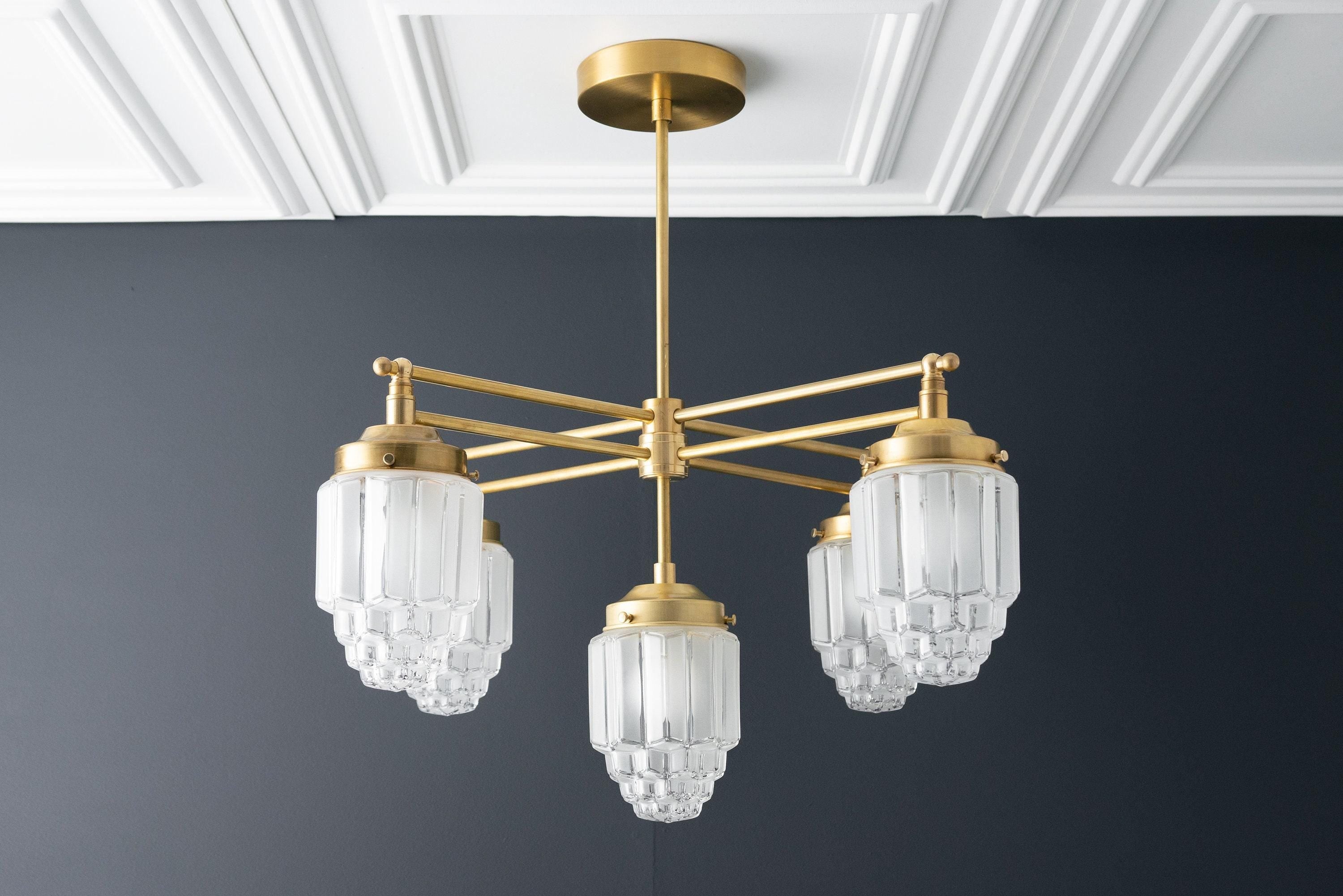 Tierlux Glass Chandelier – Vintage Brass Globe Lighting Fixture K1492