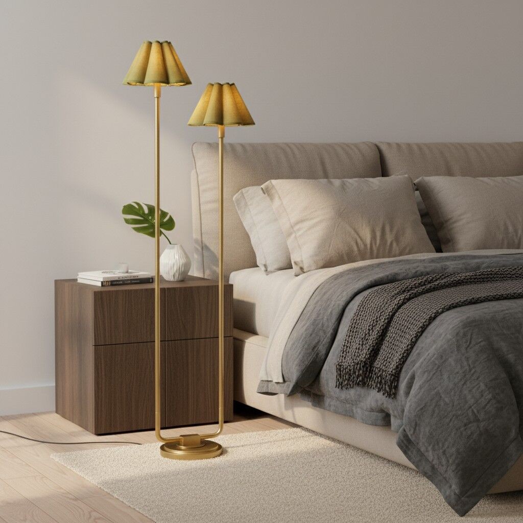 Duova Minimalist 2‑Light Floor Lamp - Modern Pleated Fabric Metal Light for Bedroom or Living Room K1666