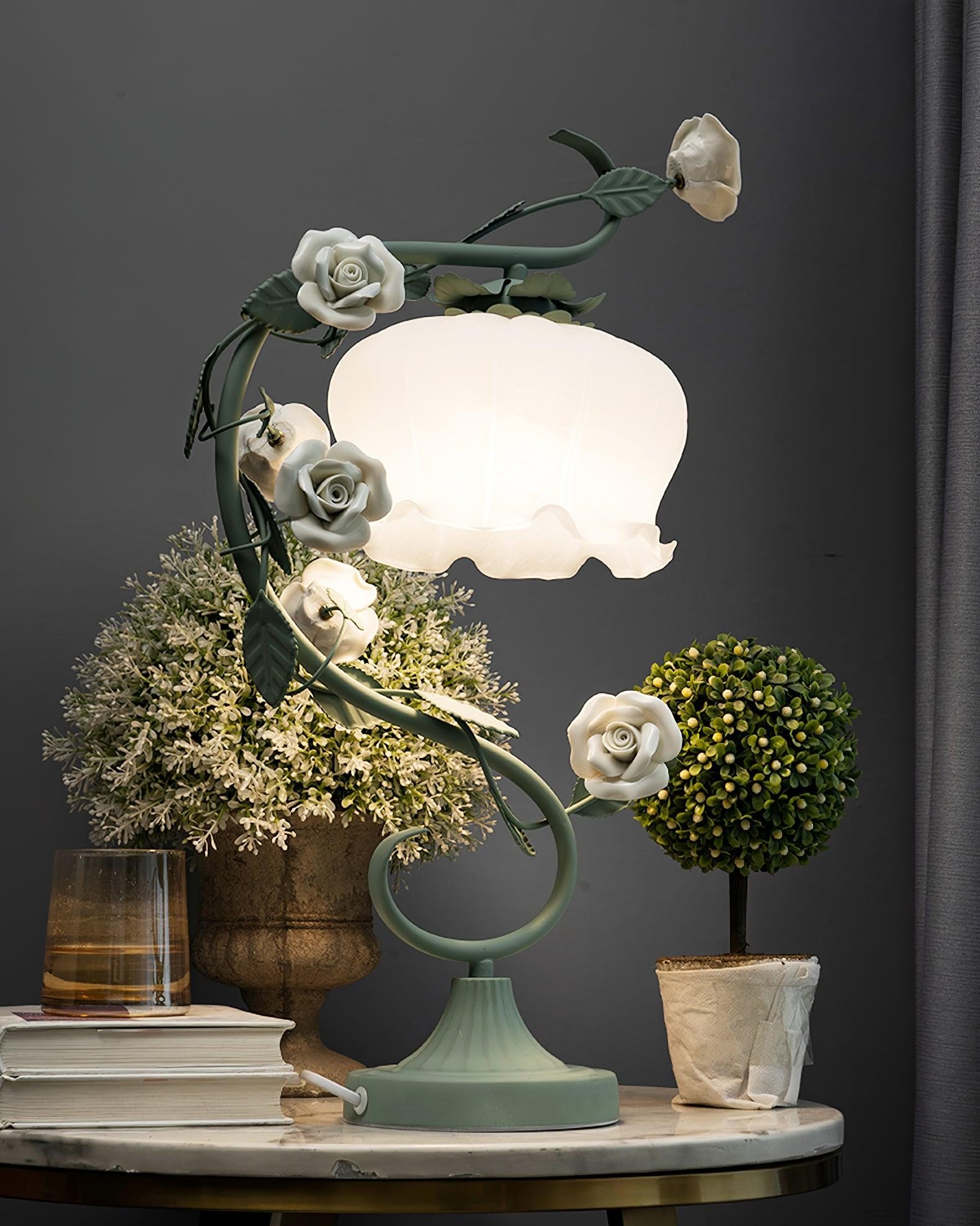 Green Pink White Rose Flower Table Lamp K640