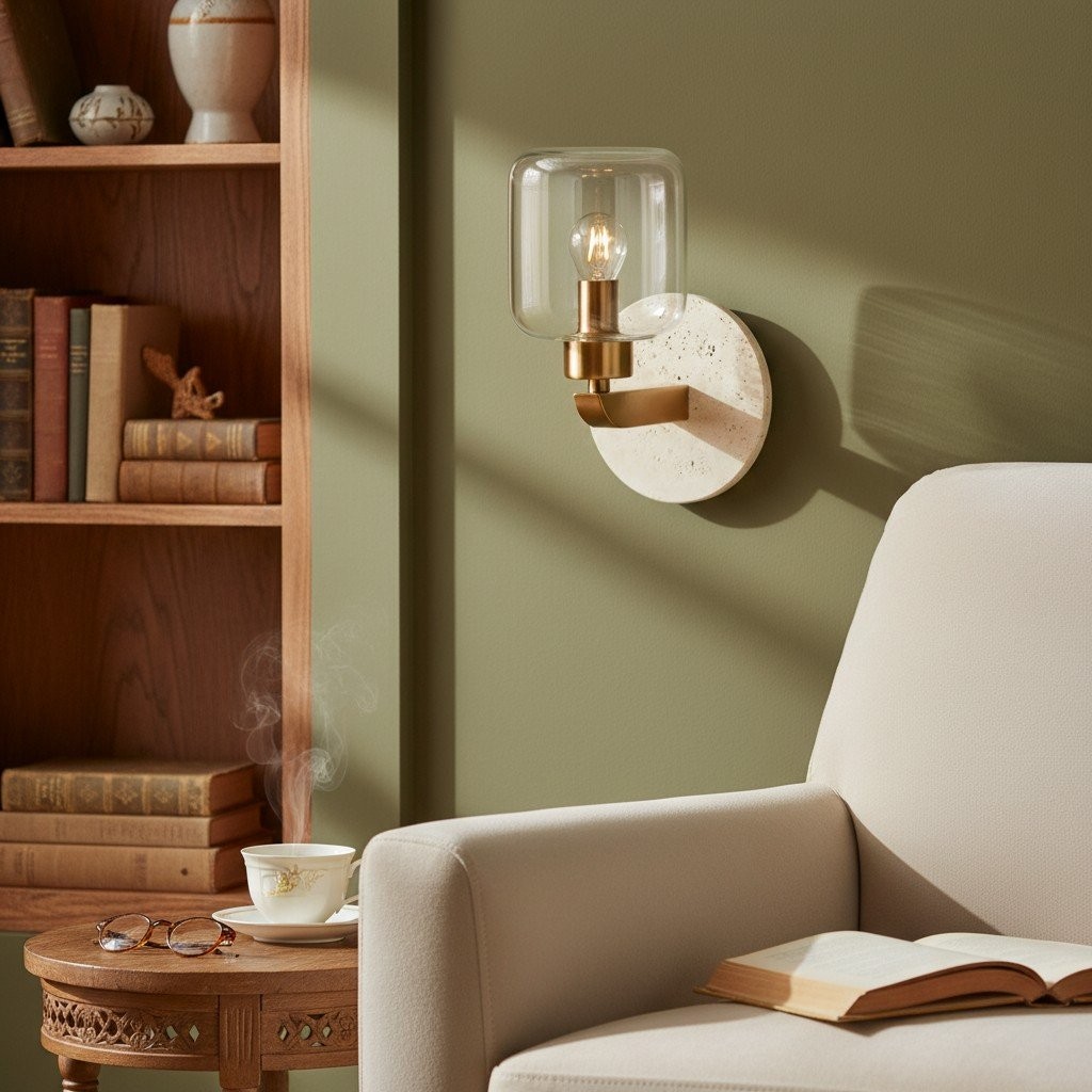 Korlisse Modern Marble Wall Light - Vintage Brass & Clear Glass Accent for Living Room and Hallway K1918
