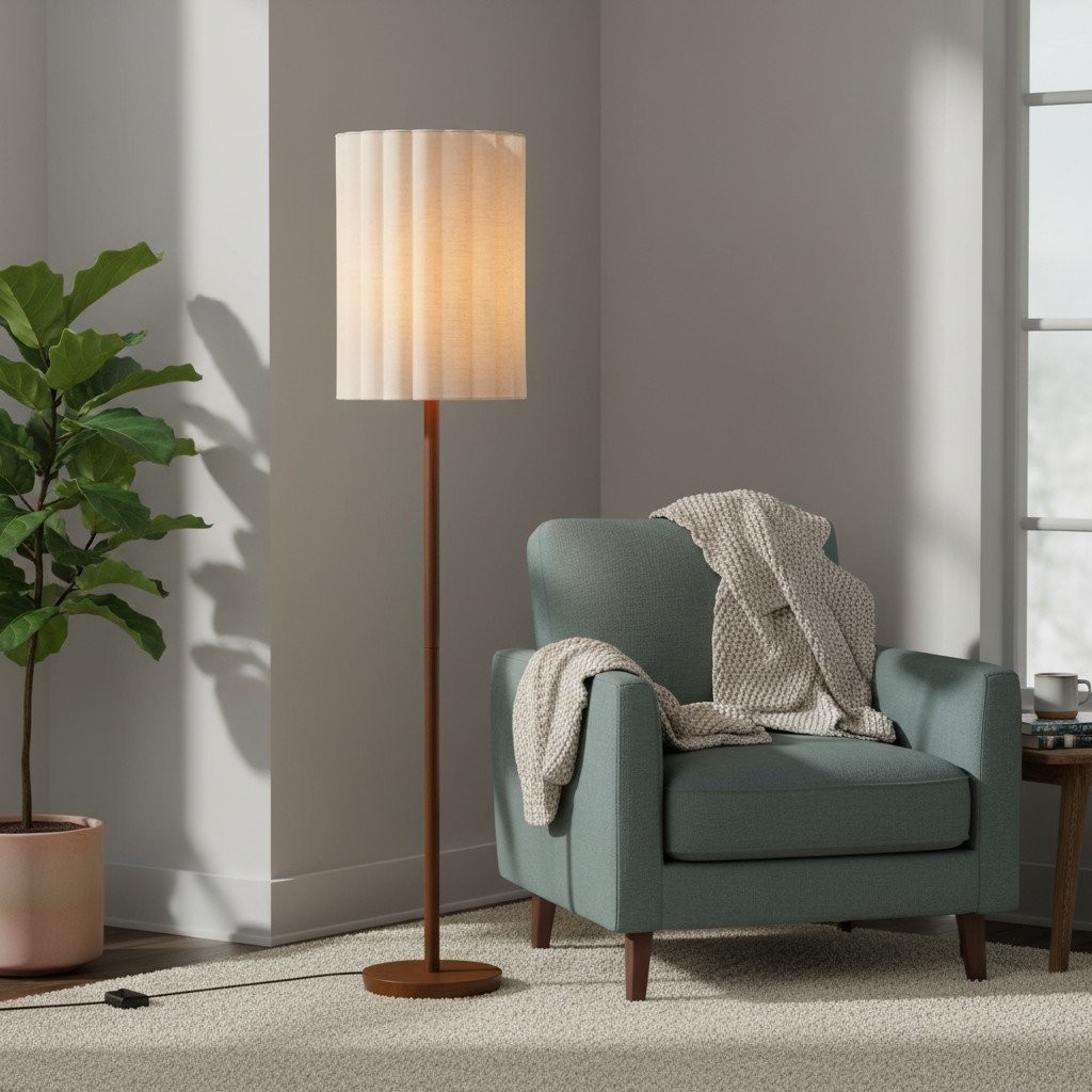 Linbron Wood Floor Lamp with Fluted Linen Shade - Scandinavian Modern Floor Light for Living Area K1683
