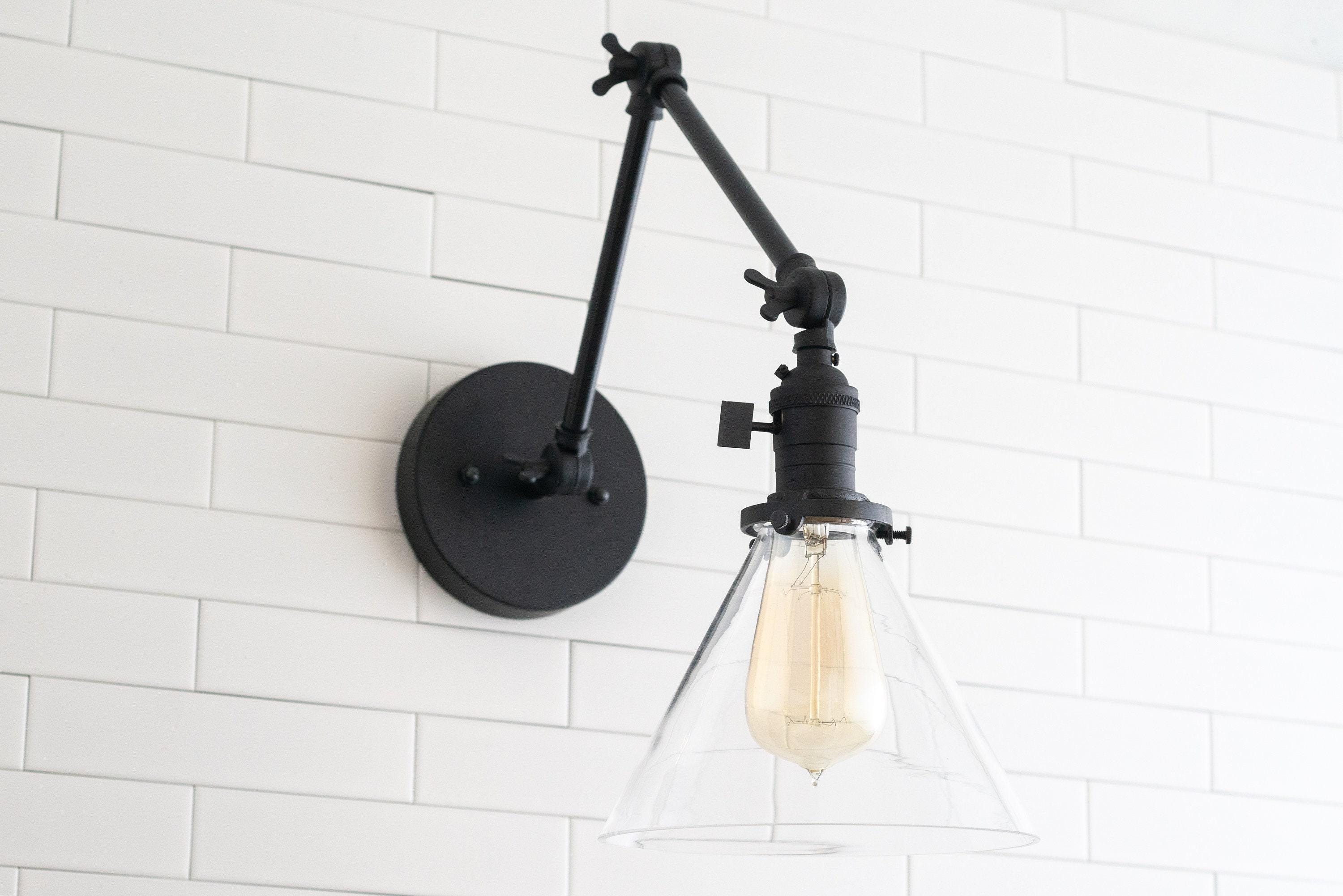Conique Metal Industrial Wall Sconce with Adjustable Arm - Vintage Glass Cone Shade K1469