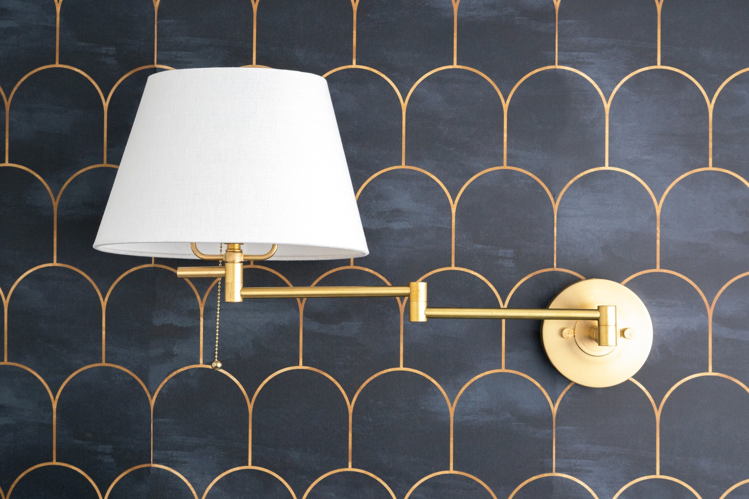 Ornato Luxe Brass Schoolhouse Sconce - Art Deco Wall Light with White Fabric Shade K1523