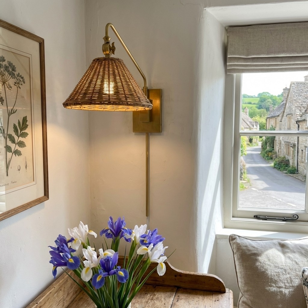 Welanery Swing Arm Rattan Wall Sconce - Farmhouse Style Lamp for Bedside Reading K2384