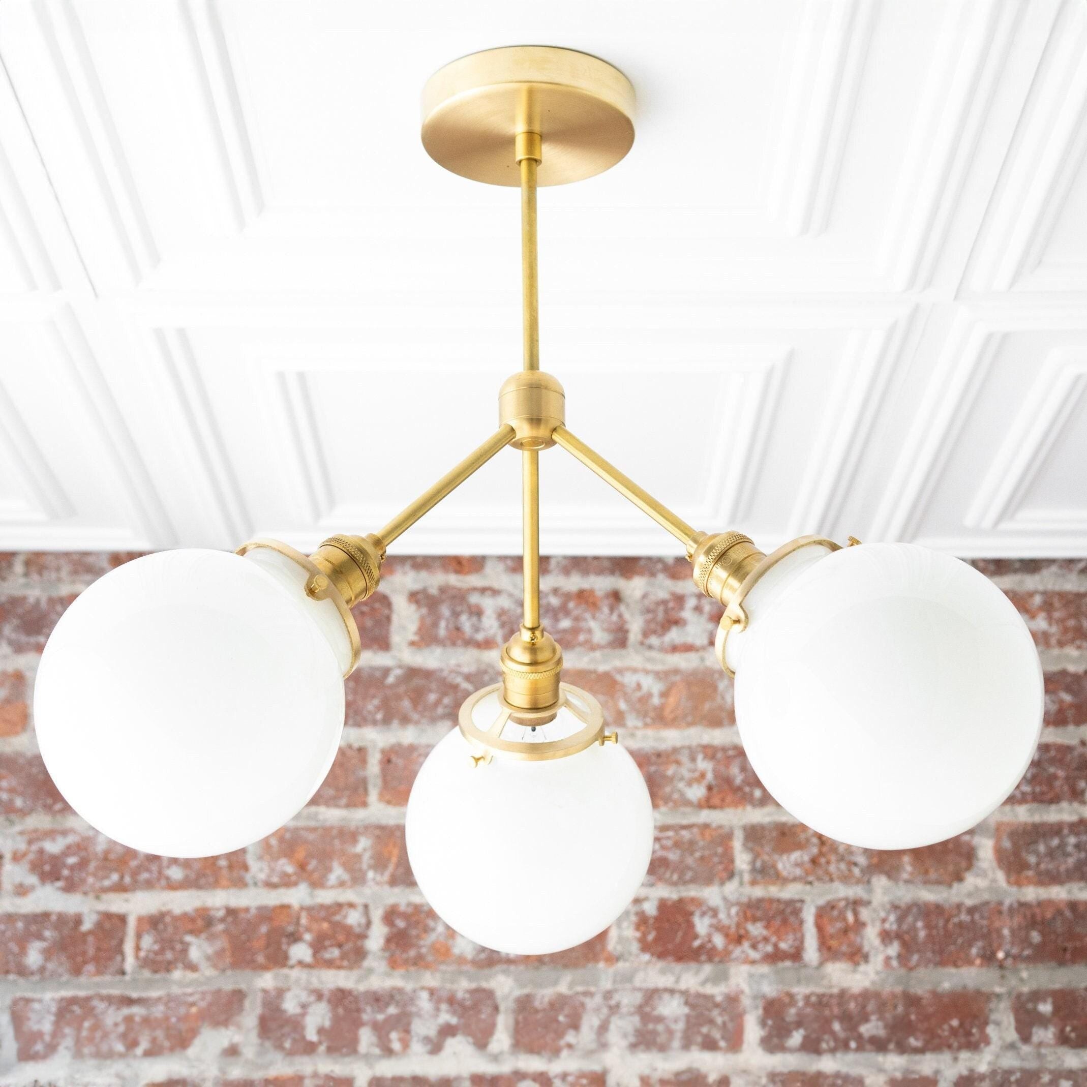 Glorica Glass Chandelier - Brass Globe Ceiling Light with Opal Shade K1468