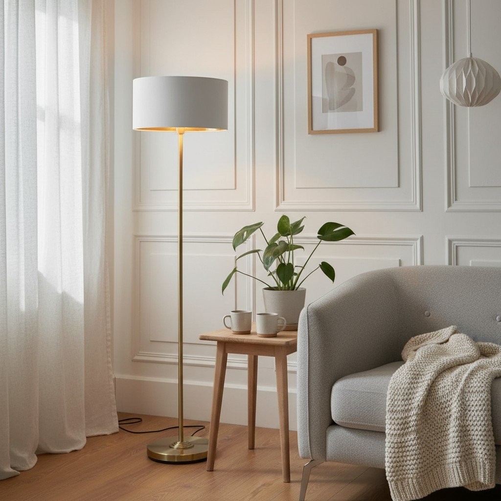 Tela Drum Shade Floor Lamp - Contemporary Fabric Standing Lamp for Home Office K2014