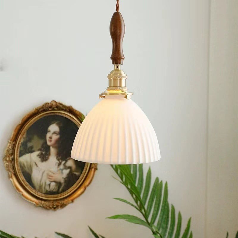 Traditional Japanese Brass Walnut Glass Ceramic Cylinder Conic Flower Bowl 1-Light Pendant Light For Dining Room K1280
