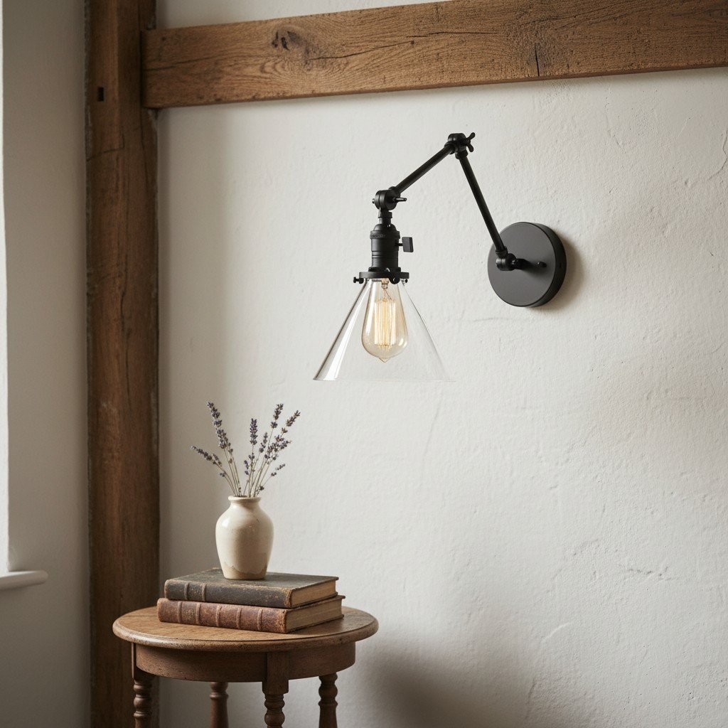 Conique Metal Industrial Wall Sconce with Adjustable Arm - Vintage Glass Cone Shade K1469