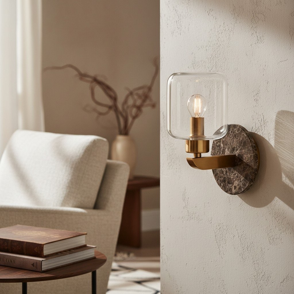 Korlisse Modern Marble Wall Light - Vintage Brass & Clear Glass Accent for Living Room and Hallway K1918