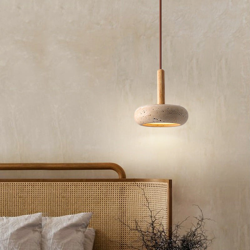 Traditional Japanese Round Wood Travertine Pendant Light K882