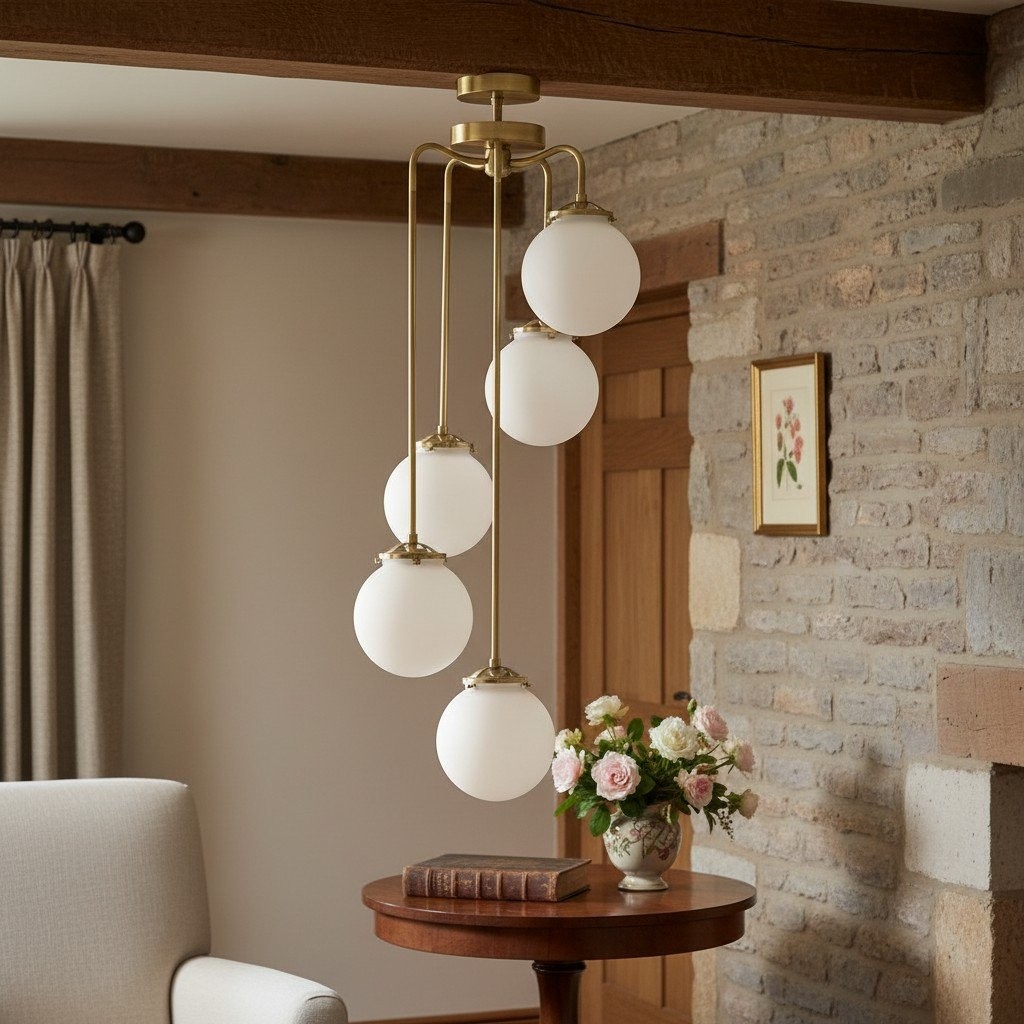 Glorica Glass 5 Globe Chandelier - Brass and Opal Glass Vintage Pendant Light K1455