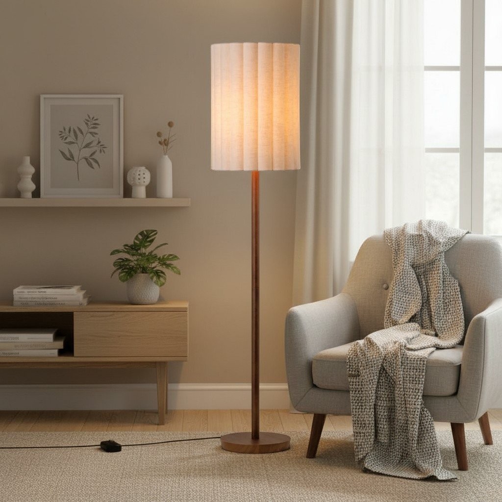 Linbron Wood Floor Lamp with Fluted Linen Shade - Scandinavian Modern Floor Light for Living Area K1683