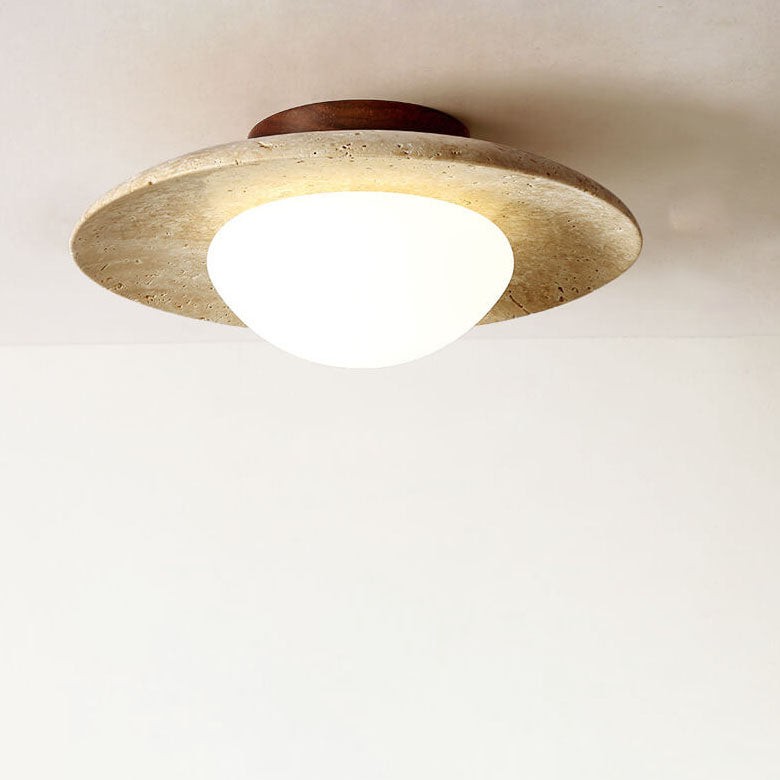 Japanese Minimalist Round Yellow Travertine Shade 1-Light Semi-Flush Mount Ceiling Light K844