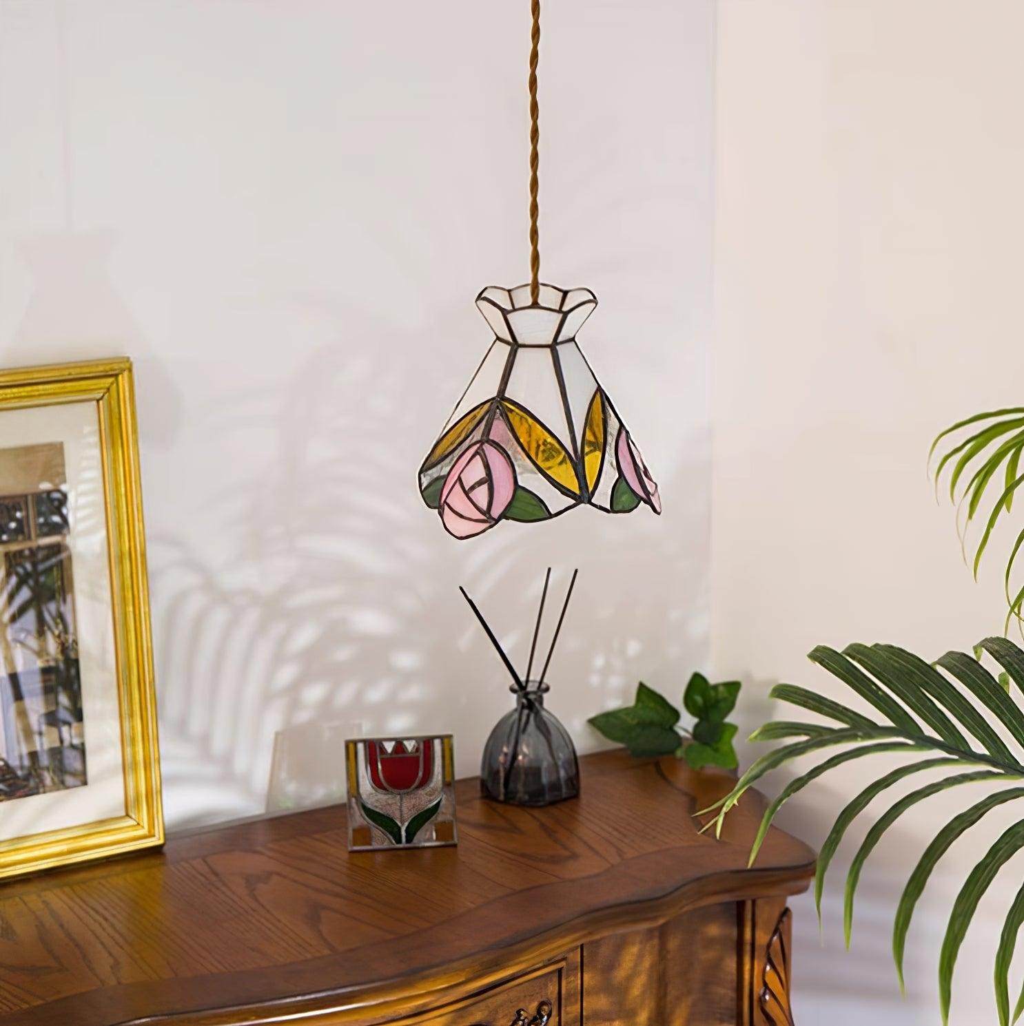 French Retro Rose Stained Glass Pendant Lamp K701