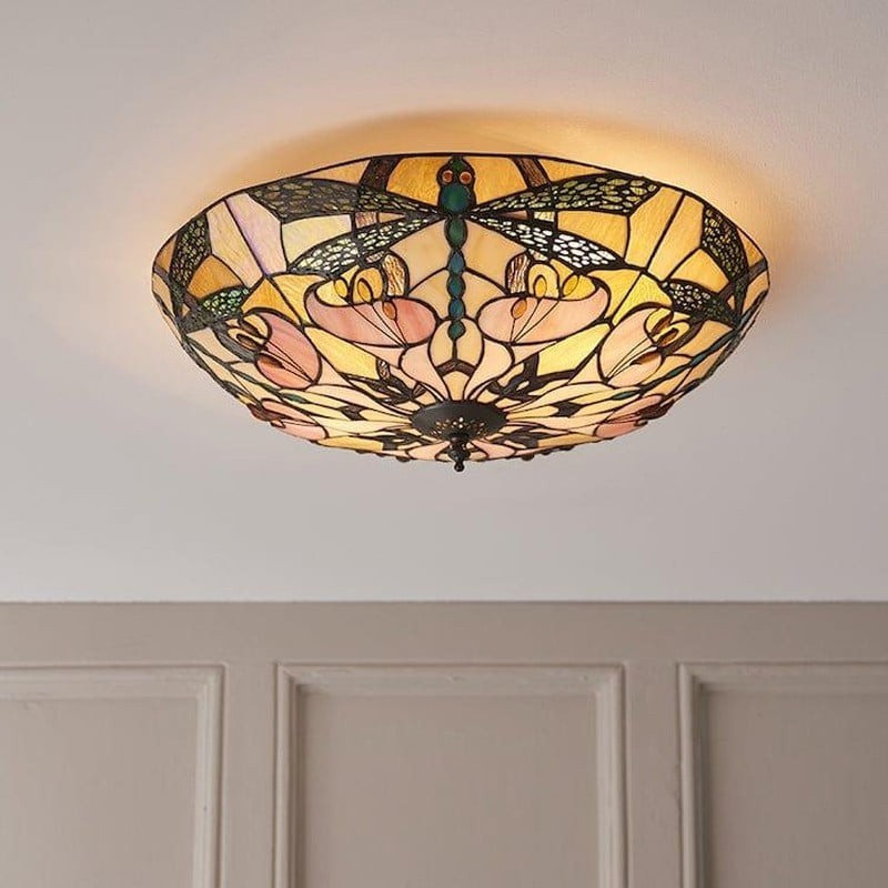 TF Ashton Tiffany Dragonfly Motif Tiffany Glass Flush Surface Mount - Transitional Style for Bedrooms and Lounge Spaces K2029