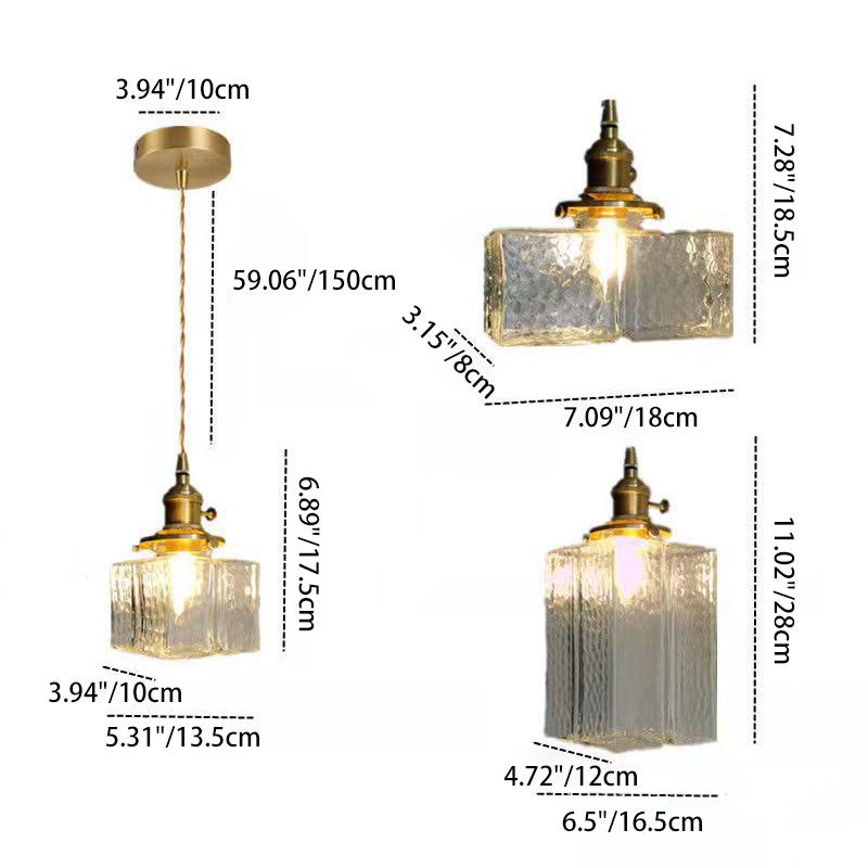 Traditional Vintage Square Rectangle Ripple Glass Iron 1-Light Pendant Light For Living Room K1282