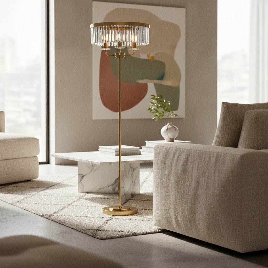 Beveline 3 Light Round Floor Lamp - Faceted Cut Glass Shades Classic Metal Finish For Living Rooms K1844