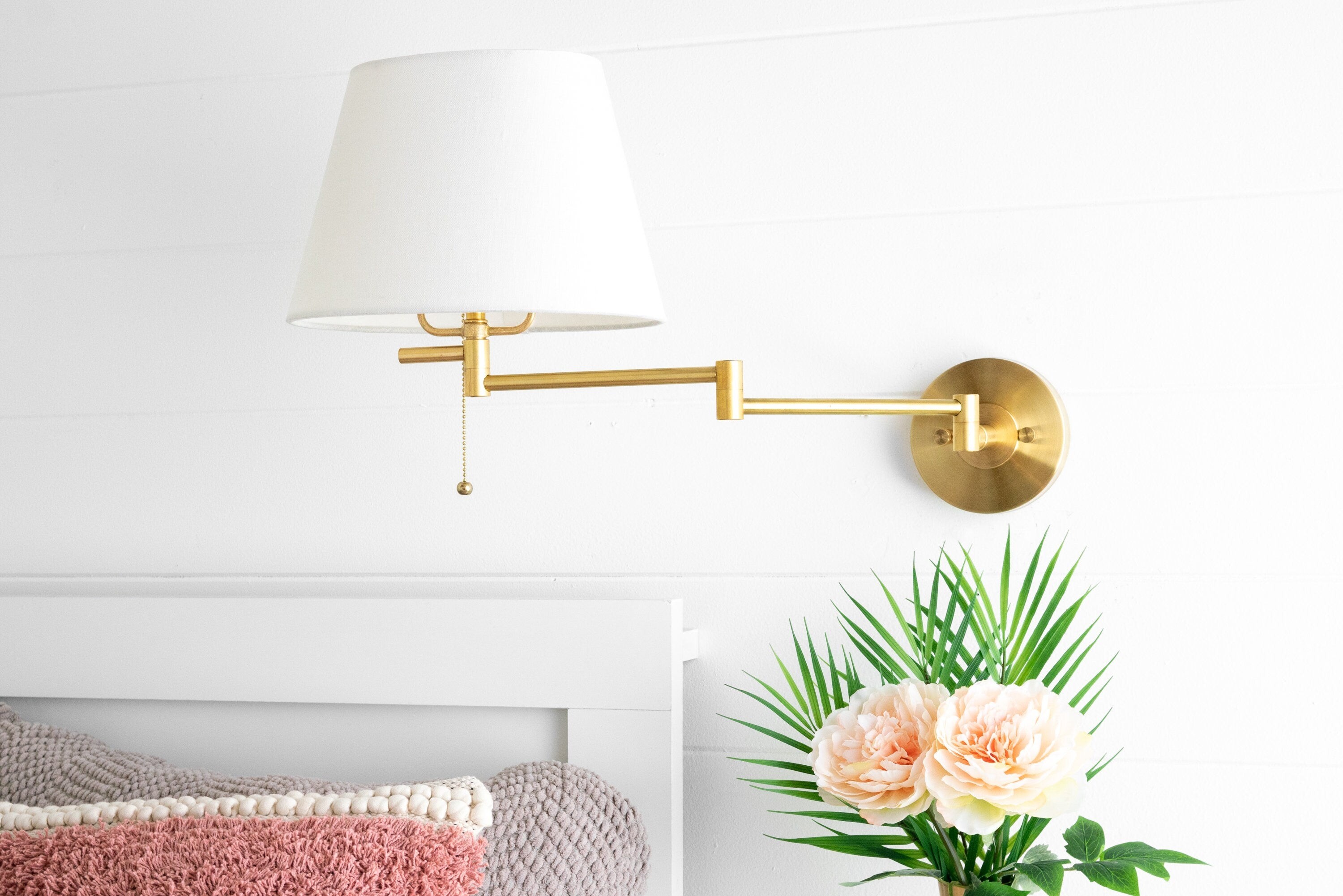 Ornato Luxe Brass Schoolhouse Sconce - Art Deco Wall Light with White Fabric Shade K1523