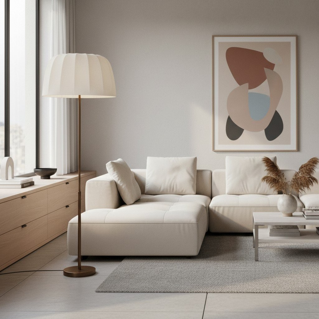 Vellaro Brass Floor Lamp with Fabric Shade - Modern Standing Light for Living Room or Bedroom K1642