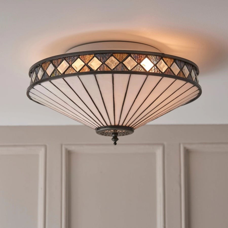 TF Fargo Geometric Flush Mount Light - Handcrafted Art Deco Stained Glass Lamp for Entryway K1982